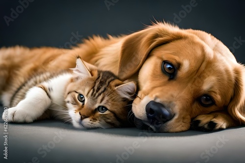 puppy and cat lying together - Generative AI