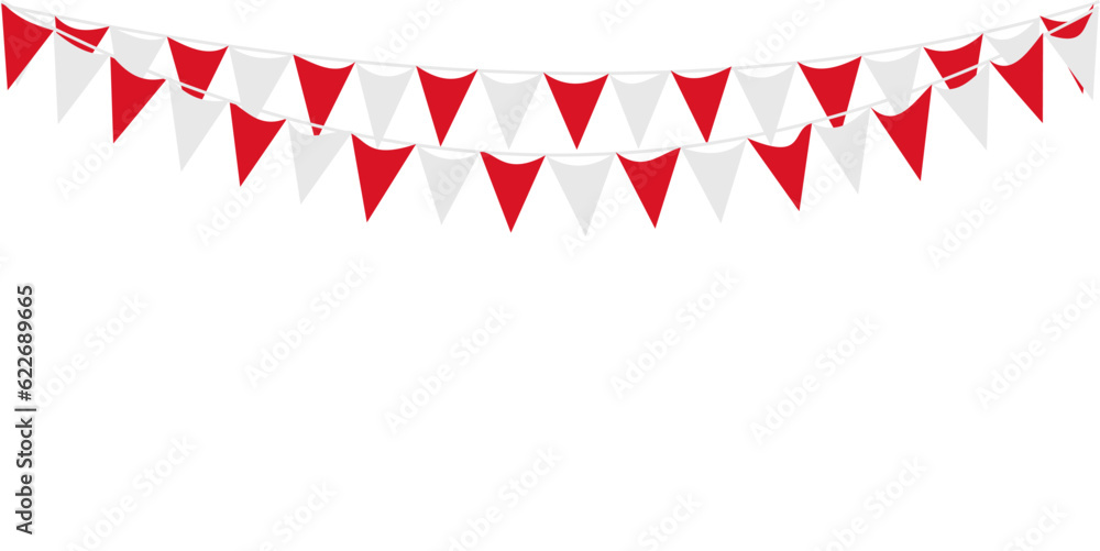 Obraz premium Bunting Hanging Red and White Flag Triangles Banner Background. Bunting flags for celebration, party, fair, market, sale. China, Canada, Swiss, Denmark concepts.