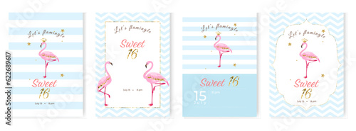 Sweet sixteen party invitation cards set with flamingos  glitters and stars. Template design