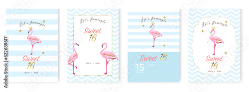 Sweet sixteen party invitation cards set with flamingos, glitters and stars. Template design