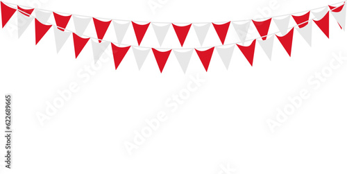 Bunting Hanging Red and White Flag Triangles Banner Background. Bunting flags for celebration, party, fair, market, sale. China, Canada, Swiss, Denmark concepts.