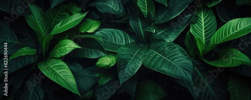 Abstract green leaf texture, nature background, tropical panorama. Generative Ai.