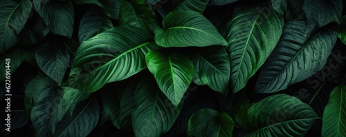 Abstract green leaf texture  nature background  tropical panorama. Generative Ai.