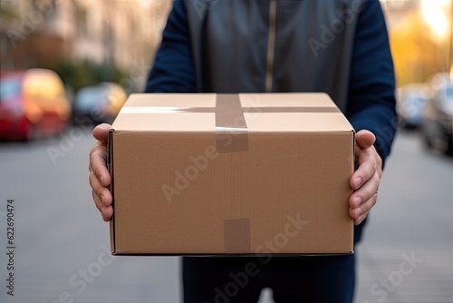 A person is carrying a large cardboard box package. The plain cardboard box mockup © OGGYA