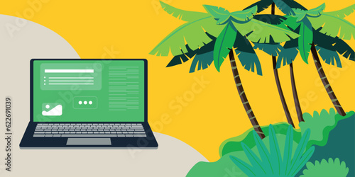 Digital nomad banner. Traveling with a computer. Online job. Concept of digital nomad, remote worker, independent location entrepreneur. photo