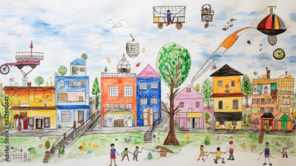 Kids crayon drawing of sustainable urban design