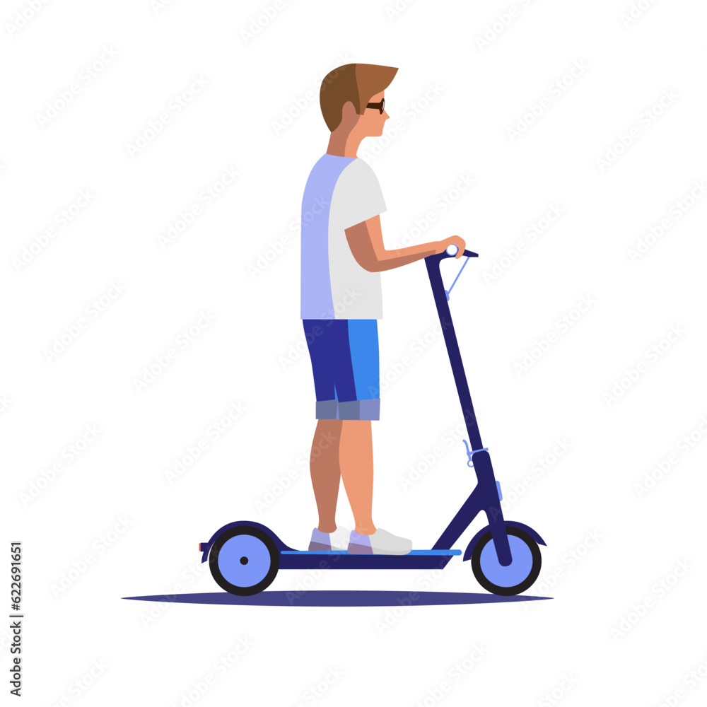 A young man riding a kick scooter isolated on the white background flat vector illustration A young man riding a kick scooter isolated on the white background flat vector illustration