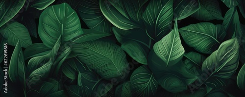 Abstract green leaf texture, nature background, tropical panorama. Generative Ai.