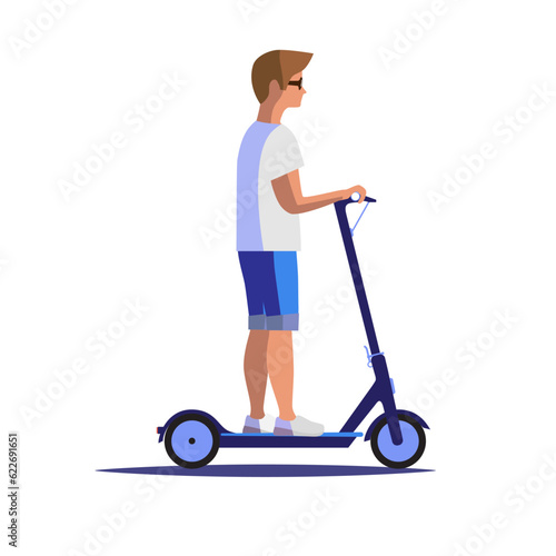 A young man riding a kick scooter isolated on the white background flat vector illustration