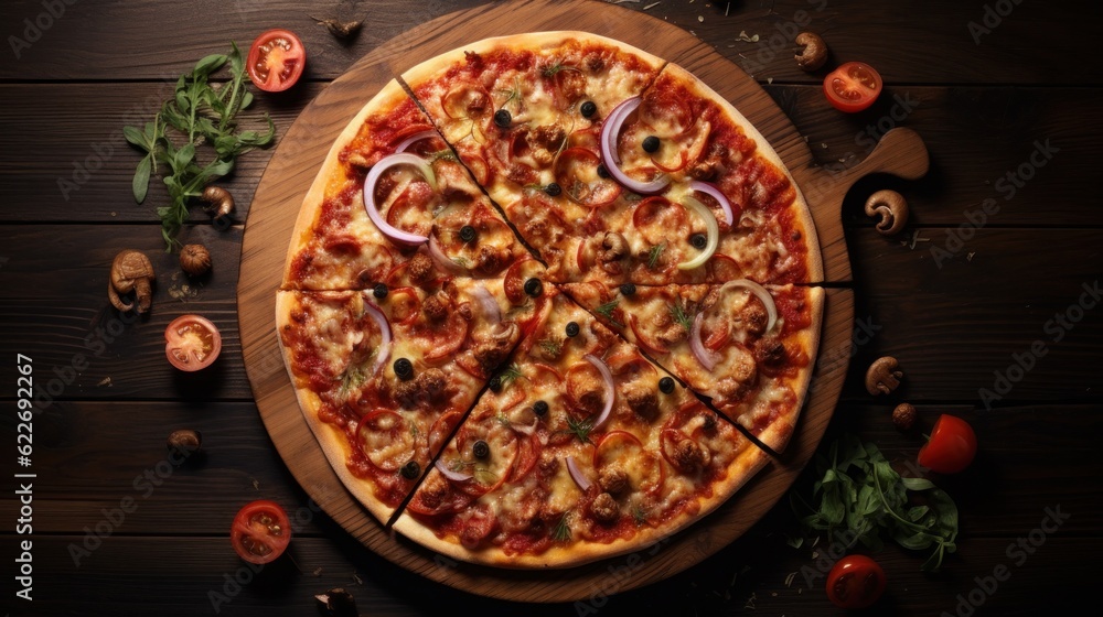 Pizza on a wooden board top view