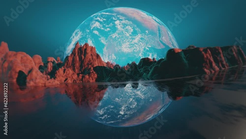 Flight over the rocks and ocean covered alien planet with earth, planet reflecting in water. Landscape. Space travel concept. Science fiction, sci-fi cinematic video Infinite loop. 