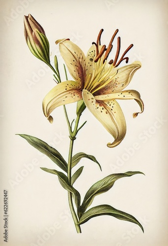 Lilly Flower Botanical Illustration, Lily Flowers Realistic Painting, Abstract Generative AI Illustration photo