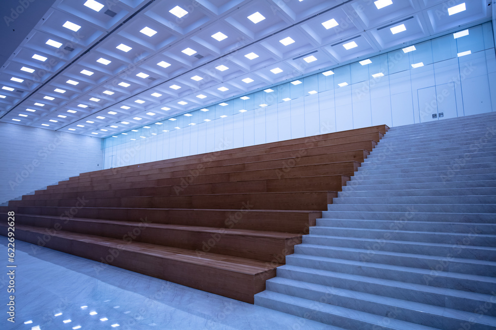 Obraz premium Modern exhibition hall, simple wood and marble style.