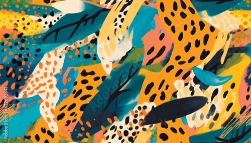 Abstract hand drawn exotic print with leopard skin. Modern collage with different shapes and textures. Groovy cartoon style pattern.