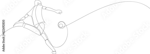 Young football player kicking the ball continuous one line drawing. Soccer match concept drawn by single line. Sports minimalist design vector illustration.