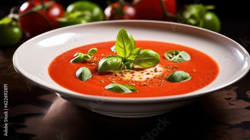 tomato soup with basil in a bowl