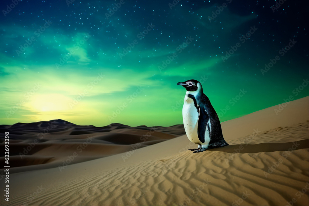 Fototapeta premium penguin in the sahara desert with northern lights
