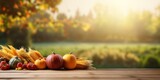 Wooden table with autumn harvest and free copy space for text