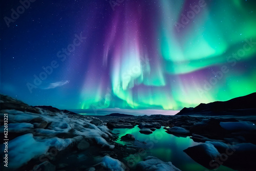 northern lights with snow and ice in the foreground © the_lightwriter