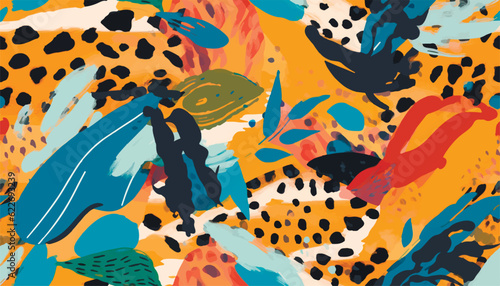 Abstract hand drawn exotic print with leopard skin. Modern collage with different shapes and textures. Groovy cartoon style pattern.