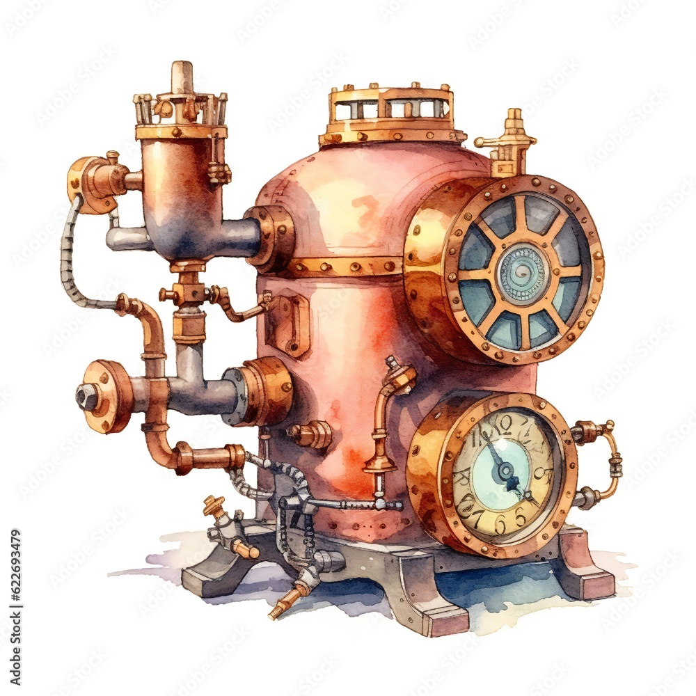 Steampunk vintage watercolor object on white background Generative AI 