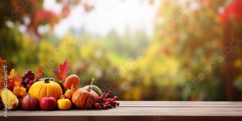 autumn still life with red leaves and pumpkins on the wooden table