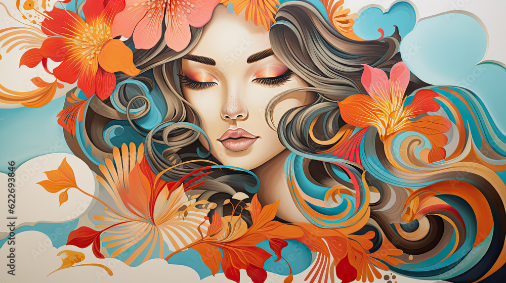 Young woman with eyes closed, exudes sense of tranquility and inner peace. Presence of flowers and clouds adds touch of whimsy and connection with nature