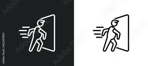 man going fast and with force against a door outline icon in white and black colors. man going fast and with force against a door flat vector icon from people collection for web, mobile apps ui.