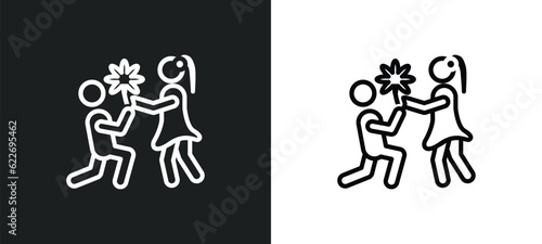 boy giving flowers to his girlfriend outline icon in white and black colors. boy giving flowers to his girlfriend flat vector icon from people collection for web, mobile apps and ui.