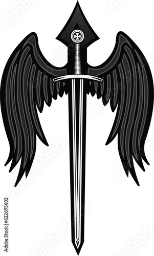 Sword with wings. Guard. Design element for logo, label, emblem, sign, badge and tattoo