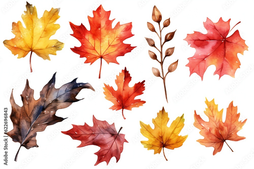 Fototapeta premium Watercolor Fall Decor Clip art on white background Generative AI 