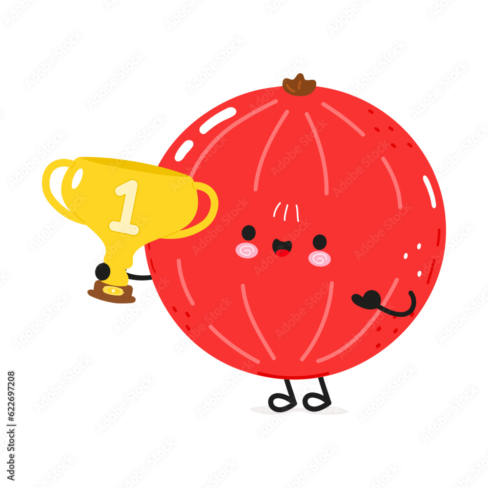 Red Ribes hold gold trophy cup. Vector hand drawn cartoon kawaii character illustration icon. Isolated on white background. Red Ribes with winner trophy cup Red Ribes hold gold trophy cup. Vector hand drawn cartoon kawaii character illustration icon. Isolated on white background. Red Ribes with winner trophy cup