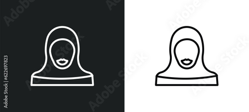 woman with hijab outline icon in white and black colors. woman with hijab flat vector icon from other collection for web, mobile apps and ui.