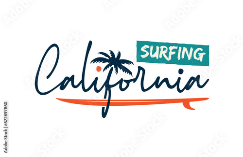 vector illustration of surfing theme, california beach, surfboard, vintage typography style for t-shirt, logo, and other uses