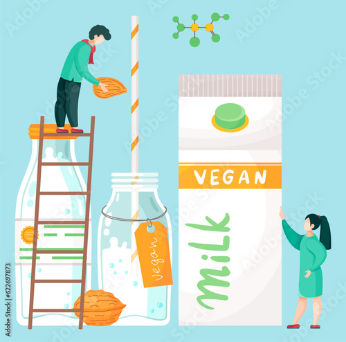 Vegan almond milk concept. Bottles, package with organic natural free dairy product. Whole walnut. Man standing at ladder, put nut into milk in bottle with label and straw. Woman control process photo