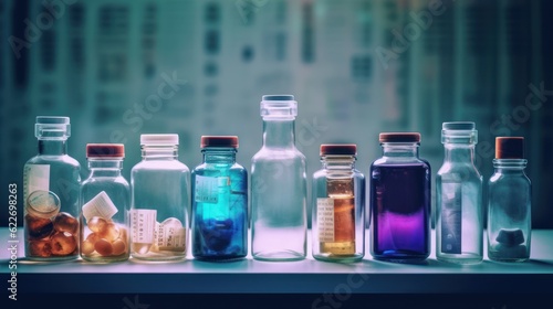 Pharmaceutical and healthcare medication and drug in bottles. Generative AI