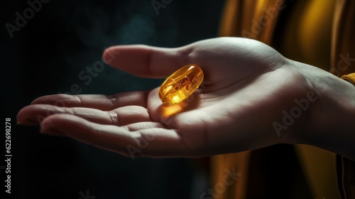 Close up yellow pill in female hand. Generative AI