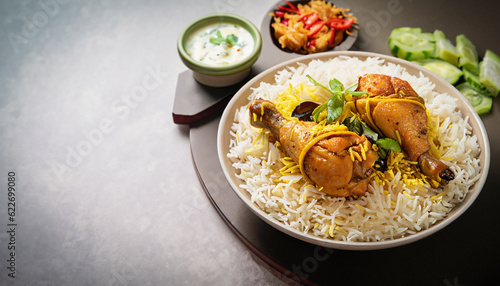 indian spicy mutton biryani with raita and gulab jamun served in a dish side view