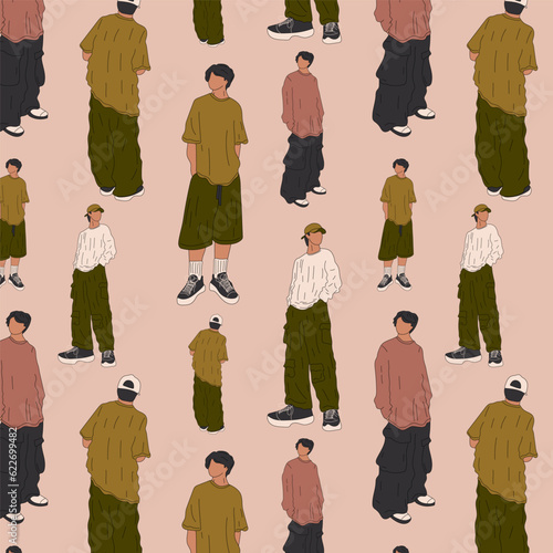 Seamless pattern with Street fashion men vector illustration. Young man in a fashionable clothes military style 90s 2000s in full growth posing.