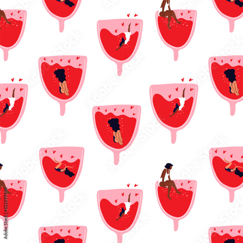 Seamless pattern with Women swim in menstrual cup. Girl having menstrual period, menstruation, premenstrual syndrome, PMS, female reproductive system