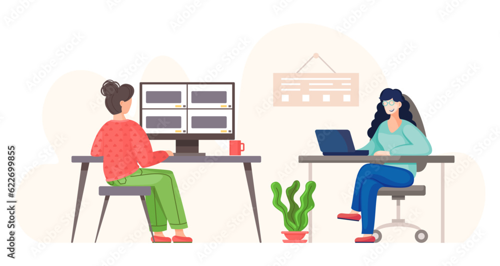 Video conference. Women having a conference video call with colleagues or friends, online communication concept. Illustration of two woman at the computer tables, online meeting the working process Video conference. Women having a conference video call with colleagues or friends, online communication concept. Illustration of two woman at the computer tables, online meeting the working process