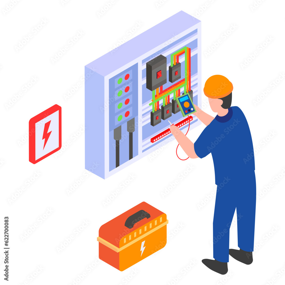 Person Working on Circuit breaker in switch box isometric Concept, Safety switch problems vector icon design, Electrical engineer symbol, Wiring specialist Sign, maintenance technician tools stock Person Working on Circuit breaker in switch box isometric Concept, Safety switch problems vector icon design, Electrical engineer symbol, Wiring specialist Sign, maintenance technician tools stock