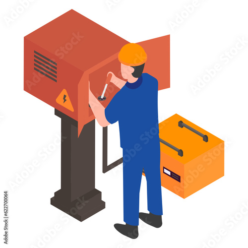 outdoor electrical box with lineman isometric Concept, substation Panel Repair vector icon design, Electrical engineer symbol, Wiring specialist Sign, maintenance technician tools stock illustration