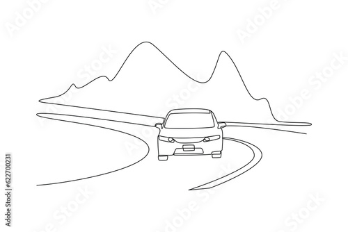 Continuous one line drawing road trip concept. Single line draw design vector graphic illustration.