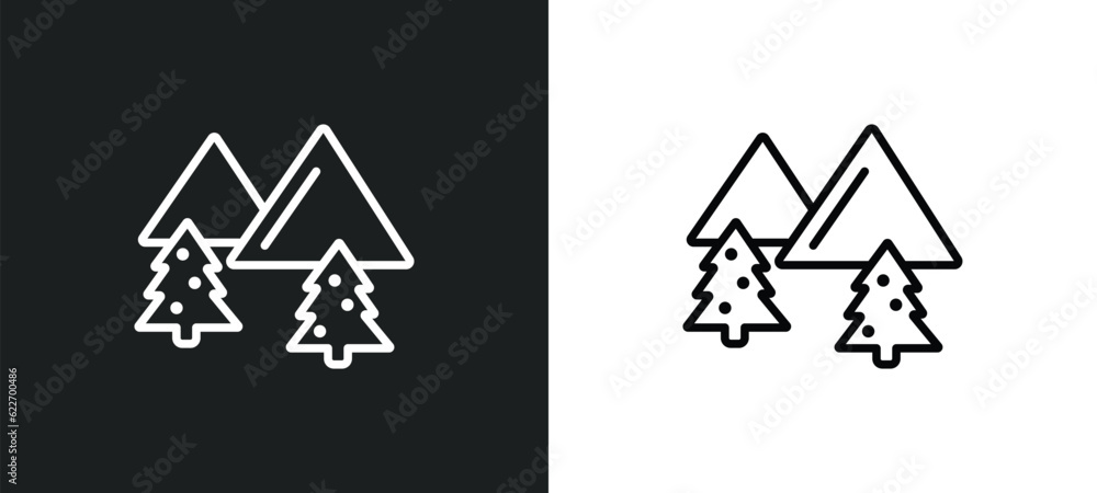 mountains with trees outline icon in white and black colors. mountains with trees flat vector icon from nature collection for web, mobile apps and ui.