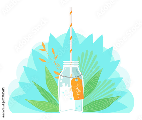 Plant-based vegan milk. Healthy cow alternative to lactose milk, an environmentally friendly product lactose free. Milk replacement banner with nutty milk in glass bottle with tubule and label