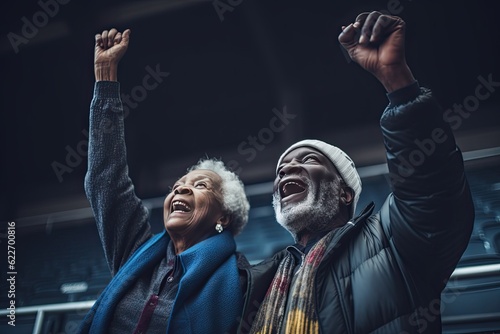 Happy Senior couple black etired ,Cheer on your favorite foottball team, football fans, at the football stadium. created with generative ai. photo