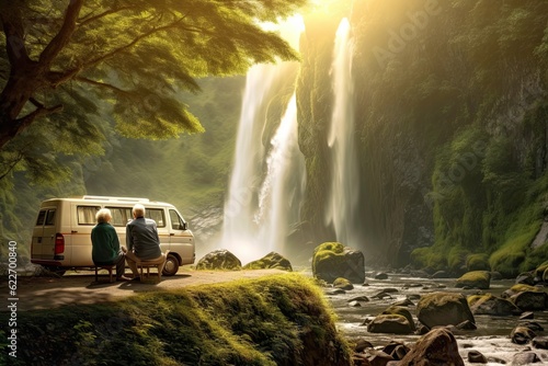 Happy senior couple retired , camping, their caravan home behind ,mountain waterfall background view , morning sun ,Generative AI