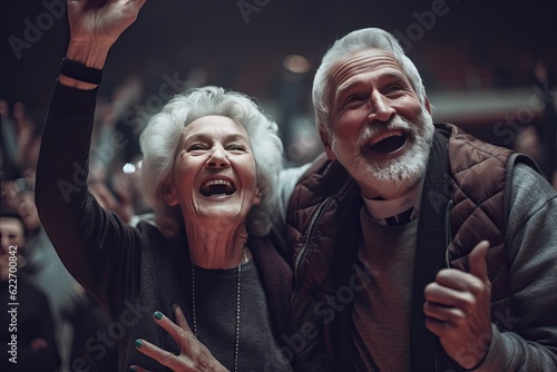 Happy Senior couple etired ,Cheer on your favorite basketball team, basketball fans, at the basketball stadium. created with generative ai. photo