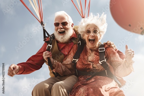 Happy senior couple retired , jumping in a parachute ,Generative AI.